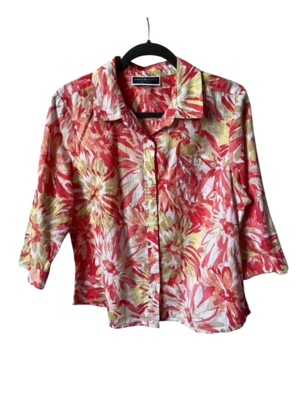 Karen Scott Coral Yellow Floral Button Front Top XL